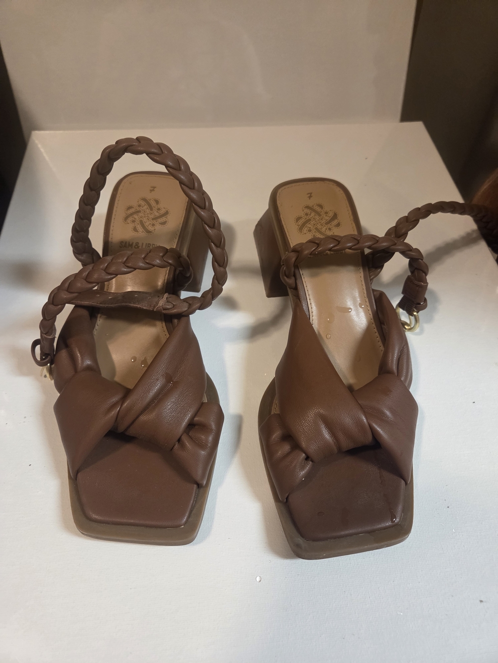 Sam & Libby Brown Braided Strap Knot Block Heel Sandals